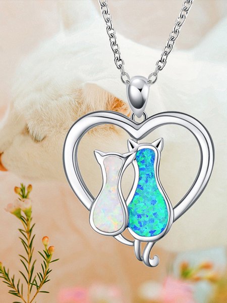 

JFN Contrast Color Opal Cat Heart Necklace Everyday Matching Pendant, Silver, Necklaces