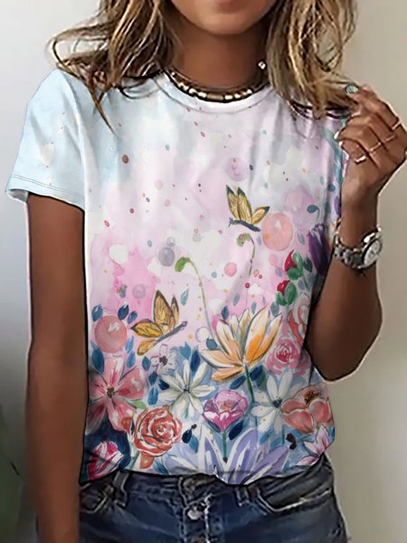 

Casual Simple Floral Butterfly Print Crew Neck T-Shirt, As picture, T-shirts