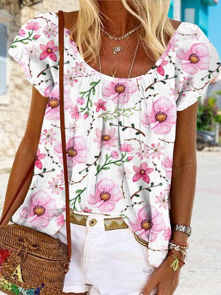

Flower holiday loose Pullover Top Plus Size, Pink, Shirts & Blouses