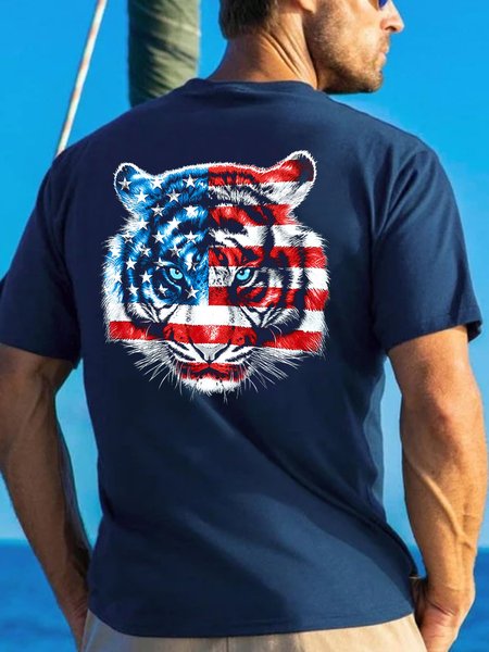 

Tiger American Flag Men's Casual Cotton T-Shirt, Purplish blue, T-shirts