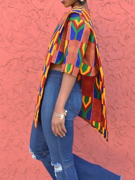Summer Crew Neck Short sleeve A-Line No Elasticity Ethnic Loose Daily Tops, Multicolor, Tops