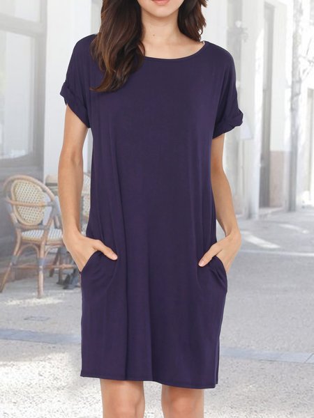 

Solid pocket Navy loose short dress Plus Size, Dark blue, Dresses