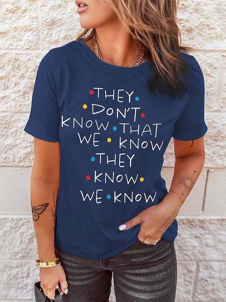 Casual Text Letters Crew Neck T-Shirt, Navy blue, Tees & T-shirts