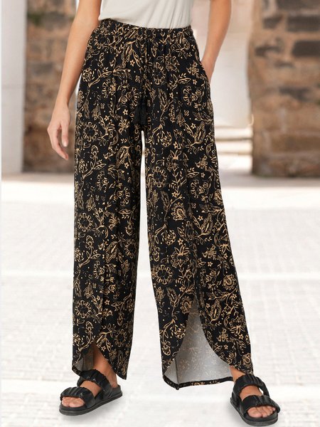 Ethnic Floral Pattern Loose Casual Long Pants, Black, Pants