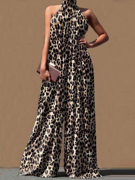

Urban Sleeveless Leopard Loose Jumpsuit, Wide Leg Pants