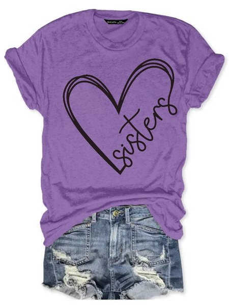 

Womens Sisters Heart Cotton Casual Letters T-Shirt, Purple, T-shirts