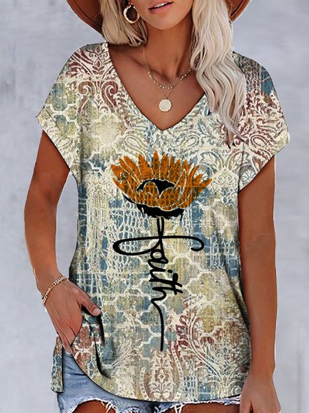 

V Neck Text Letters Raglan Sleeve Tops, Yellow, T-Shirts