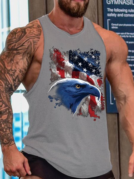 America Flag Men's Crew Neck Loose Text Letters Tank Top, Gray, Tank Tops