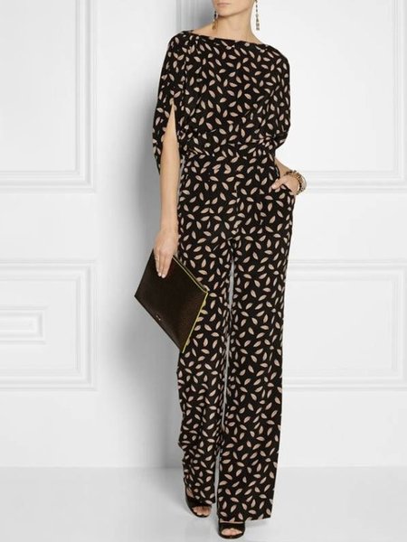 

Urban Daily Boat Neck Loose Floral Jumpsuit & Romper, Black, Wide Leg Pants