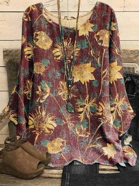 

Batwing Sleeve Fit Vintage Crew Neck Tops, Brown, Shirts & Blouses