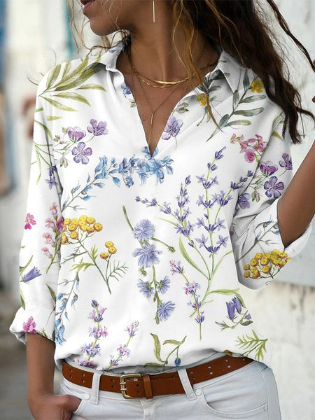 

V Neck Casual Floral Blouse, White, Shirts & Blouses
