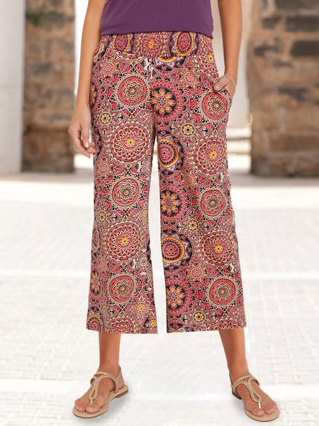 

Ethnic Floral Loose Ethnic Casual Vacation Loose Pants, Red, Pants