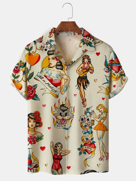 

Mens Hula Girl Print Front Buttons Short Sleeve Shirt Loose Casual Hawaiian Shirt, Khaki, Men's Floral shirt
