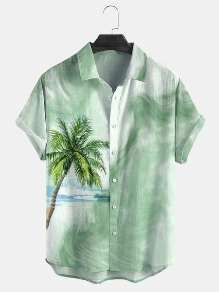 

Cotton Linen Style American Botanical Floral Coconut Tree Print Linen Shirt, As picture, Shirts ＆ Blouse