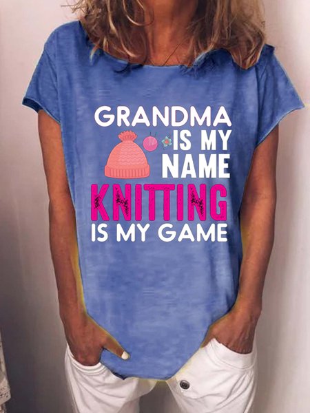 Grandma Is My Name Knitting Is My Game Crew Neck T-shirt, Blue, T-shirts
