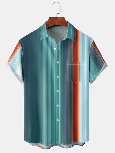 

Mens Funky Striped Print Front Buttons Soft Breathable Chest Pocket Casual Aloha Shirts, Green, Men's Floral shirt