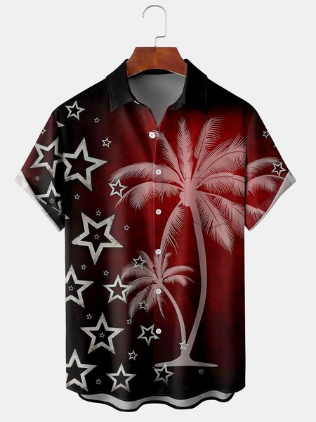 

Mens Funky Stars Coconut Tree Hawaiian Print Front Buttons Soft Breathable Chest Pocket Casual Aloha Shirts, Red, Men's Floral shirt