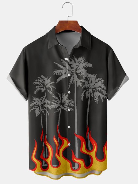 

Mens Flame Coconut Tree Print Front Buttons Soft Breathable Chest Pocket Casual Hawaiian Shirts, Black, Men's Floral shirt