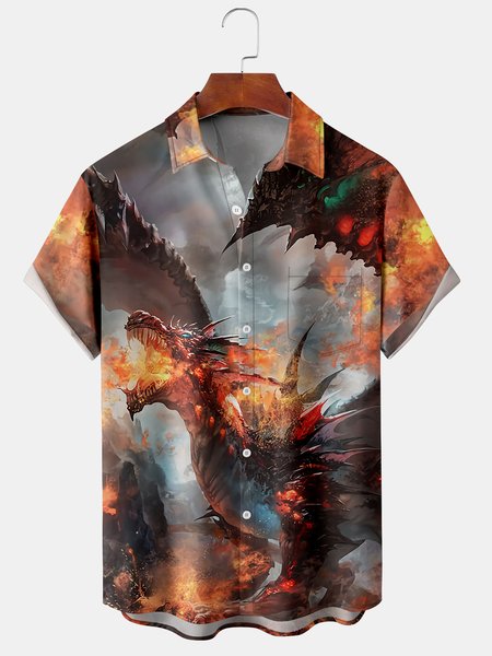 

Mens Art Painting Flame Dragon Print Lapel Chest Pocket Short Sleeve Funky Hawaiian Shirts, Gray, Men's Floral shirt