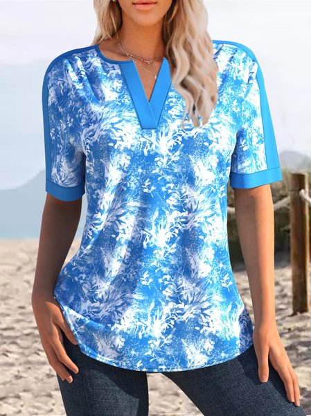 

Blue Patchwork Tie-Dye Short Sleeve Notched Collar Top, Shirts & Blouses