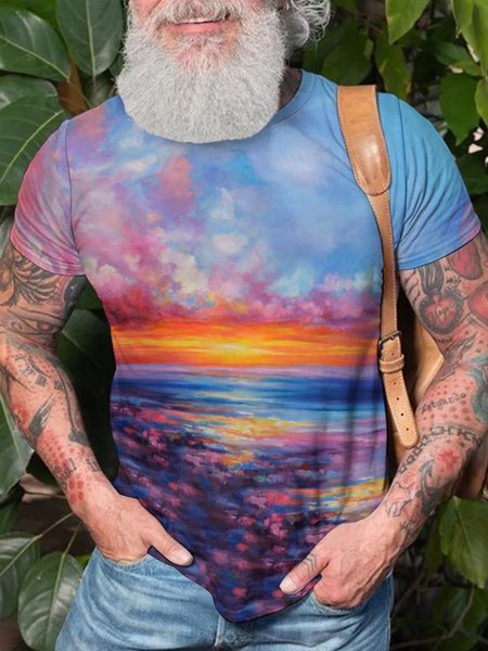 

Men's Casual Abstract Landscape Print Crew Neck T-Shirt, As picture, T-shirts