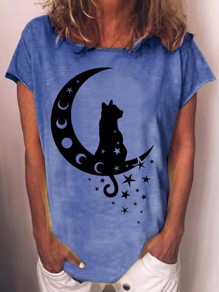 

Womens Cat and Moon Casual Crew Neck T-Shirt, Blue, T-shirts