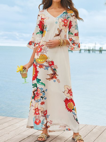 

Casual Vacation V Neck Floral Long Dresses, Off white, Dresses
