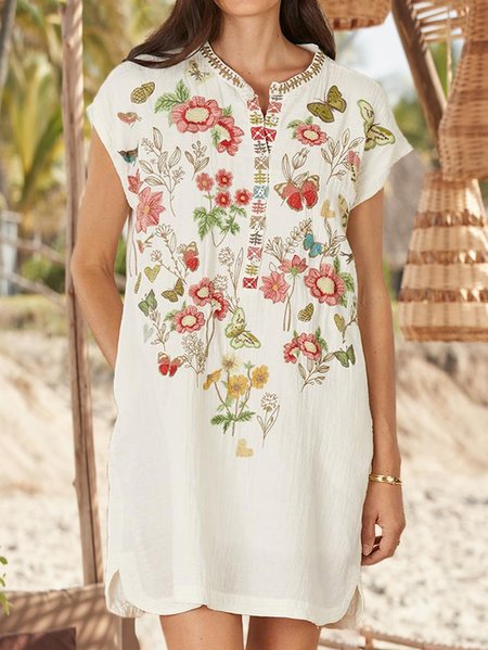 

Vacation Ethnic Floral V Neck Dresses, Off white, Mini Dresses