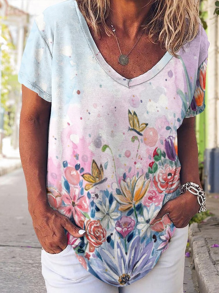 

Casual Simple Floral Butterfly Print V-Neck T-Shirt, As picture, T-shirts