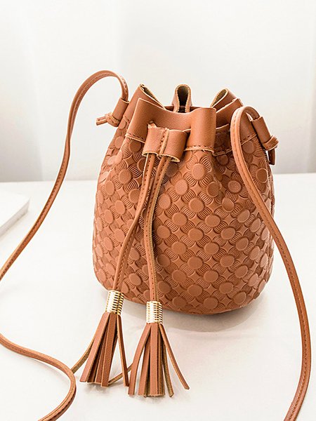 

JFN Fringed Embossed Mini Drawstring Bucket Bag Crossbody Bag, Brown, Women's Bags