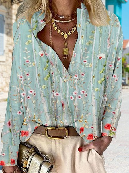

Half open button vintage floral button long sleeve shirt, Green, Blouses & Shirts