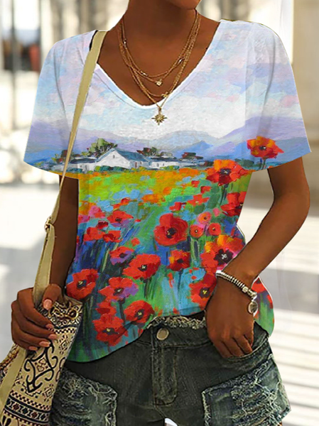 

Summer Floral Design V-Neck Loose Knit T-Shirt, Red, T-Shirts