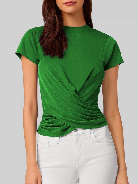 

Casual Crew Neck Short Sleeve Ruched Plain T-Shirt top, Green, Tees