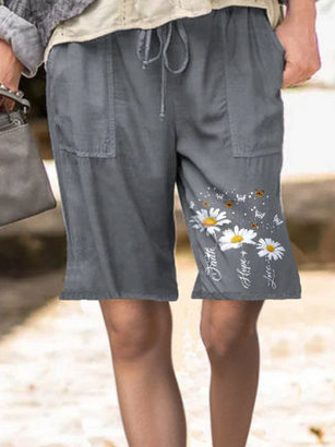 

Casual Floral Loose Casual Pants, Gray, Shorts