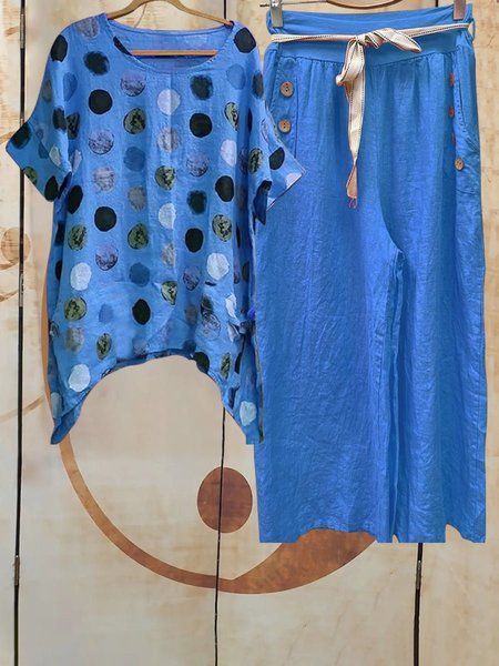 

Batwing Sleeve Polka Dots Crew Neck Casual Two Piece Sets, Blue, Suits