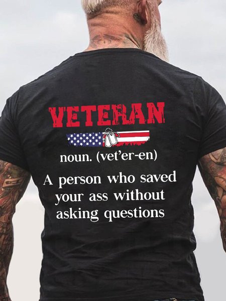 

Veteran America Flag Men's Cotton Loose Casual T-Shirt, Black, T-shirts
