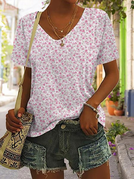

Floral V Neck Casual T-Shirt, Pink, T-Shirts