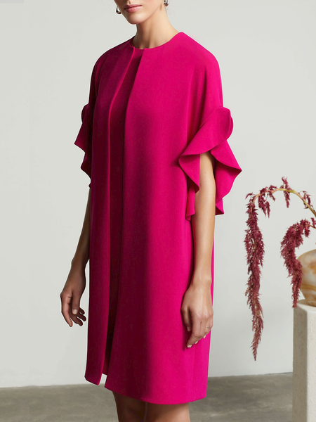 

Summer No Elasticity Crew Neck H-Line Elegant Loose Crew Neck Daily Dresses, Rose red, Midi Dresses