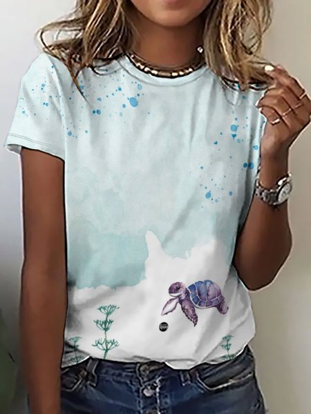 

Womens Sea Turtle Print Casual T-Shirt, As picture, T-shirts