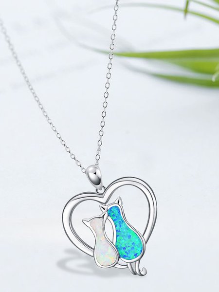 

Contrast Color Opal Cat Heart Necklace Everyday Matching Pendant, Silver, Necklaces