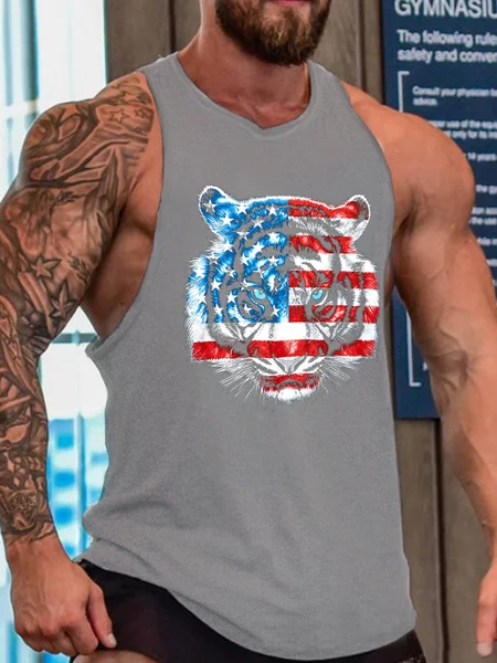 

Tiger American Flag Men's Loose Casual Tank Top, Gray, Tank Tops