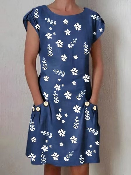 

Vintage Short Sleeve Woven Dress, Blue, Dresses