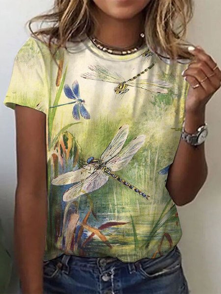 

Summer Dragonfly Design Crew Neck Knit Short Sleeve T-Shirt, Green, T-Shirts