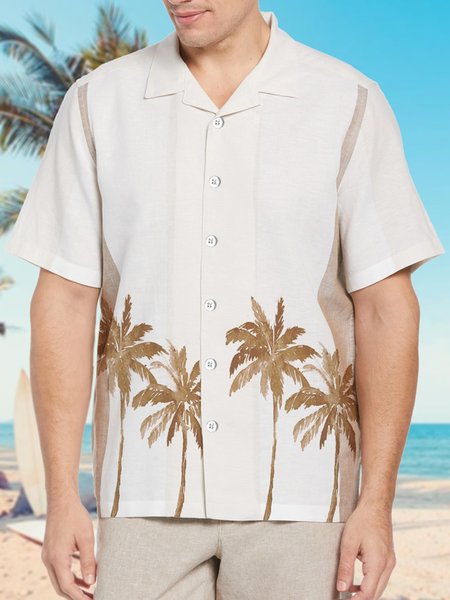 

Shirt Collar Vacation Cotton Blends Short Sleeve Shirt, White, Shirts ＆ Blouse