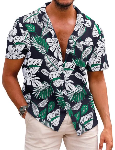 

Cotton And Linen Holiday Leisure Short-sleeved Shirt, As picture, Men's Floral shirt
