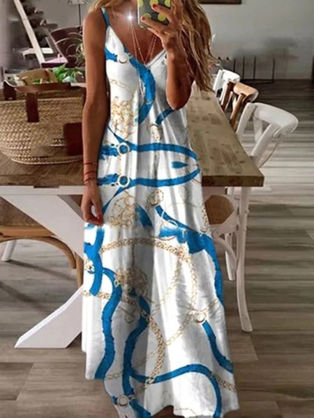 

V Neck Geometric Casual Dresses, Blue, Dresses