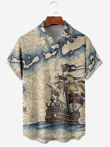 

Men's Ocean Print Moisture Absorbent Breathable Fabric Fashion Hawaiian Lapel Short Sleeve Shirt, Blue, Men's Floral shirt