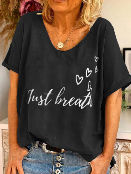 

Heart Print Letter Round Neck Short Sleeves T-shirts, Black, T-Shirts