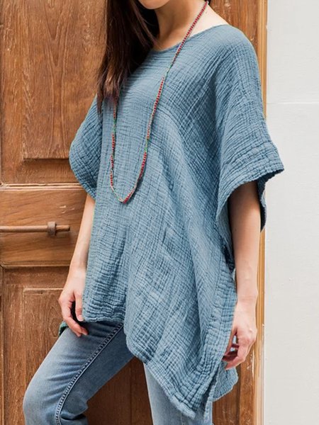 

Loose cotton and linen textured Pullover T-shirt plus size, Blue, Tunics