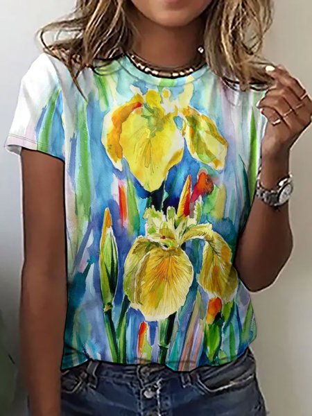 

Casual Abstract Floral Print Crew Neck T-Shirt, As picture, T-shirts
